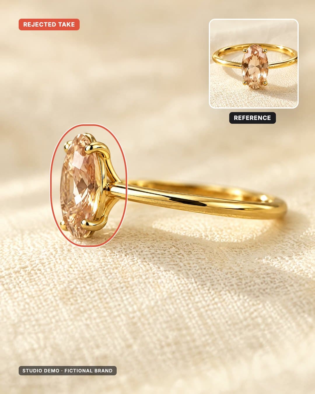 Rejected AI take for the fictional brand OSTRID: a side view of the ring with thick curved claws and a longer stone, circled in red, beside the reference ring