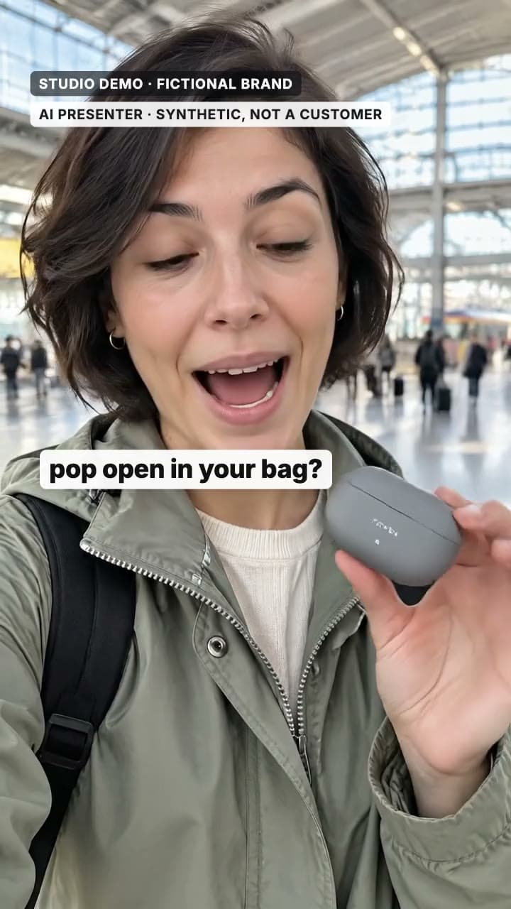 Frame from the hook beat of the AI-generated TOVRA studio demo ad for a fictional audio brand: the synthetic presenter asks whether your earbud case pops open in your bag