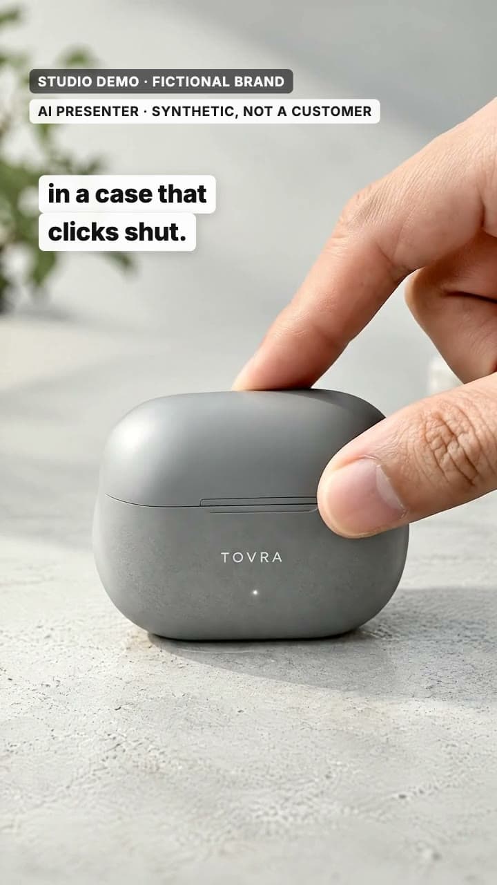 Frame from the proposition beat of the AI-generated TOVRA studio demo ad for a fictional audio brand: the case has just clicked shut under the caption in a case that clicks shut