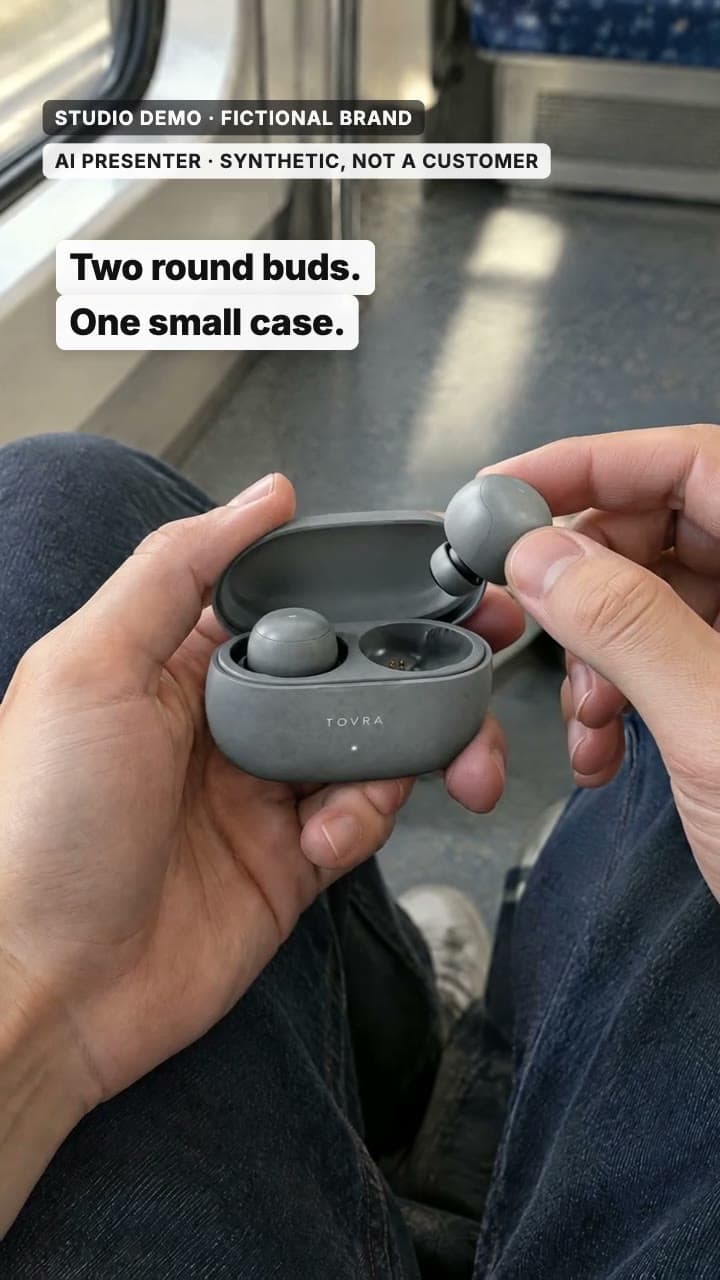 Frame from the body beat of the AI-generated TOVRA studio demo ad for a fictional audio brand: a first-person view on a train of hands lifting one round bud from the open case