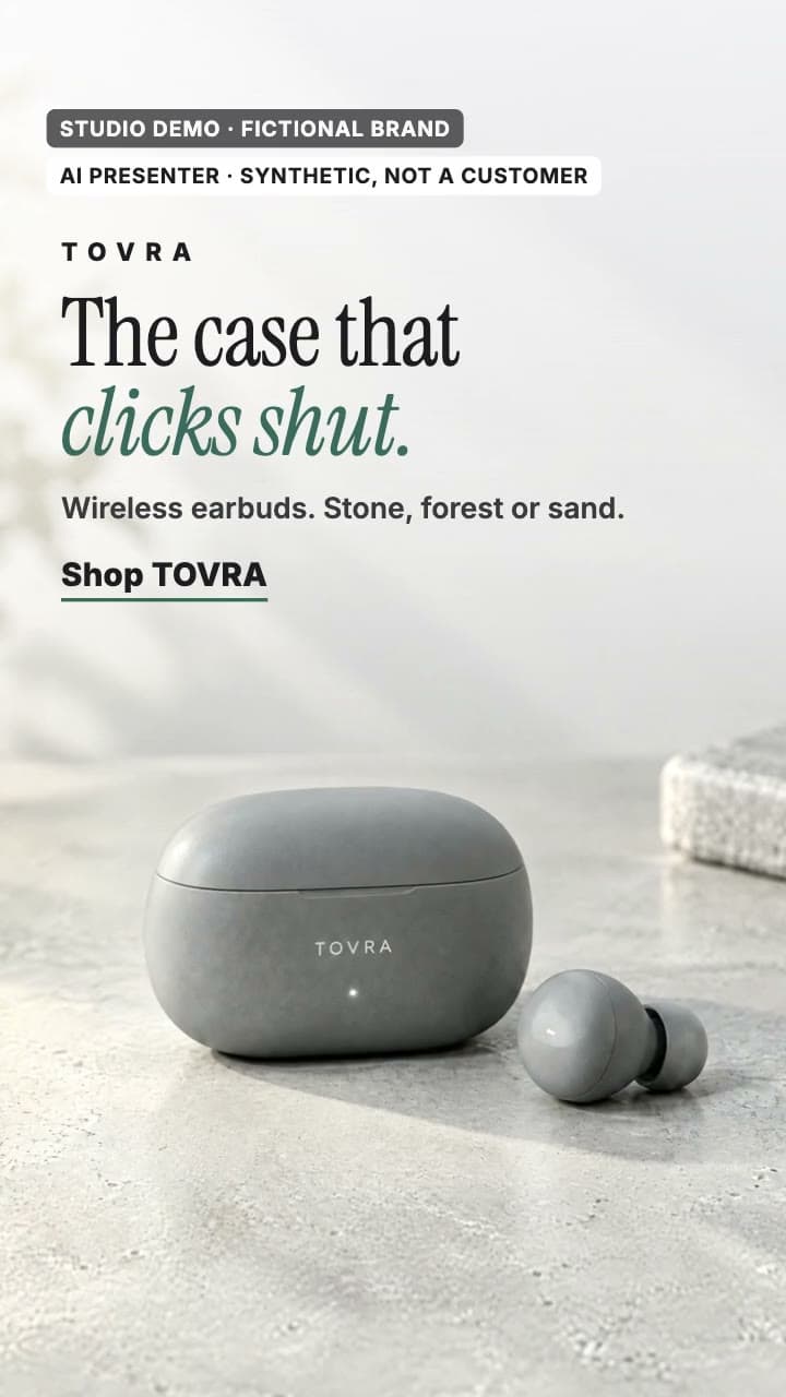 Frame from the close beat of the AI-generated TOVRA studio demo ad for a fictional audio brand: the end card The case that clicks shut above the closed stone-grey case
