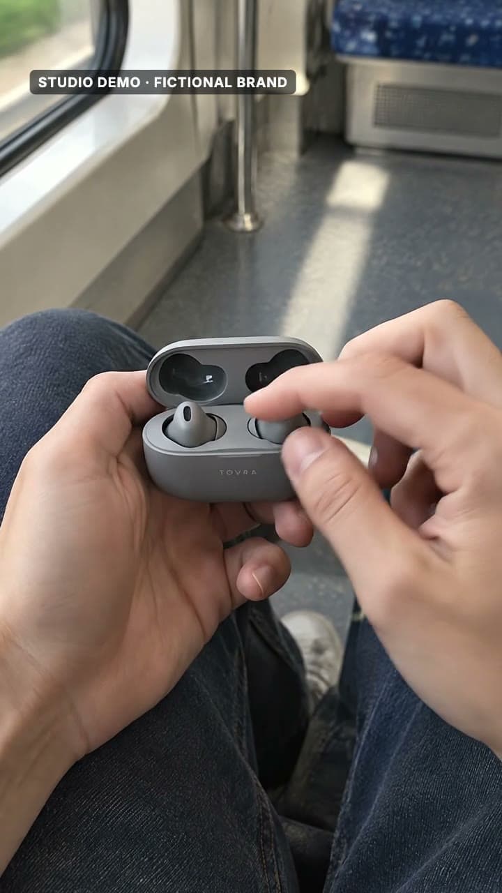 Rejected AI take for the fictional audio brand TOVRA: the open earbud case shows a lid that has become a second tray with two empty slots and buds with a changed shape