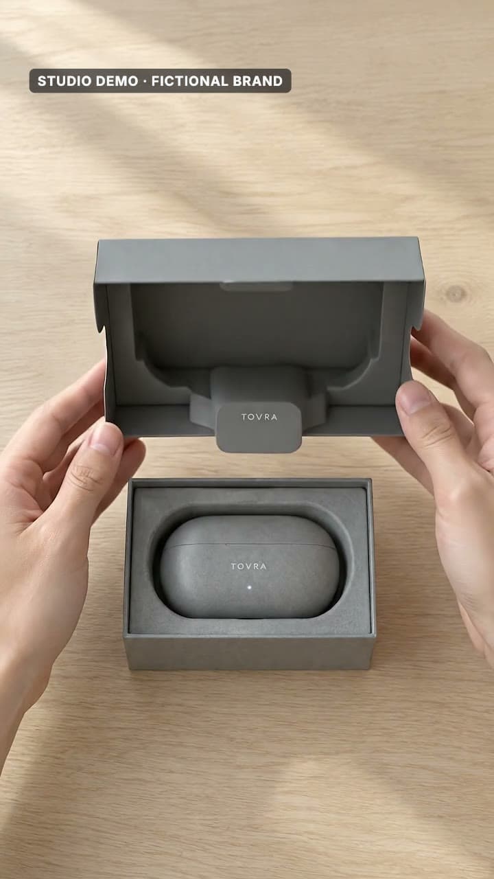 Rejected AI take for the fictional audio brand TOVRA: the lifted box lid shows an invented insert and a printed TOVRA tab above the earbud case in its tray