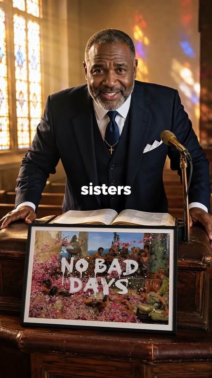 Billede fra åbningen i en Andy Okay-karakterannonce: prædikanten ved en solbeskinnet prædikestol med NO BAD DAYS-plakaten stillet foran sig (kundearbejde)