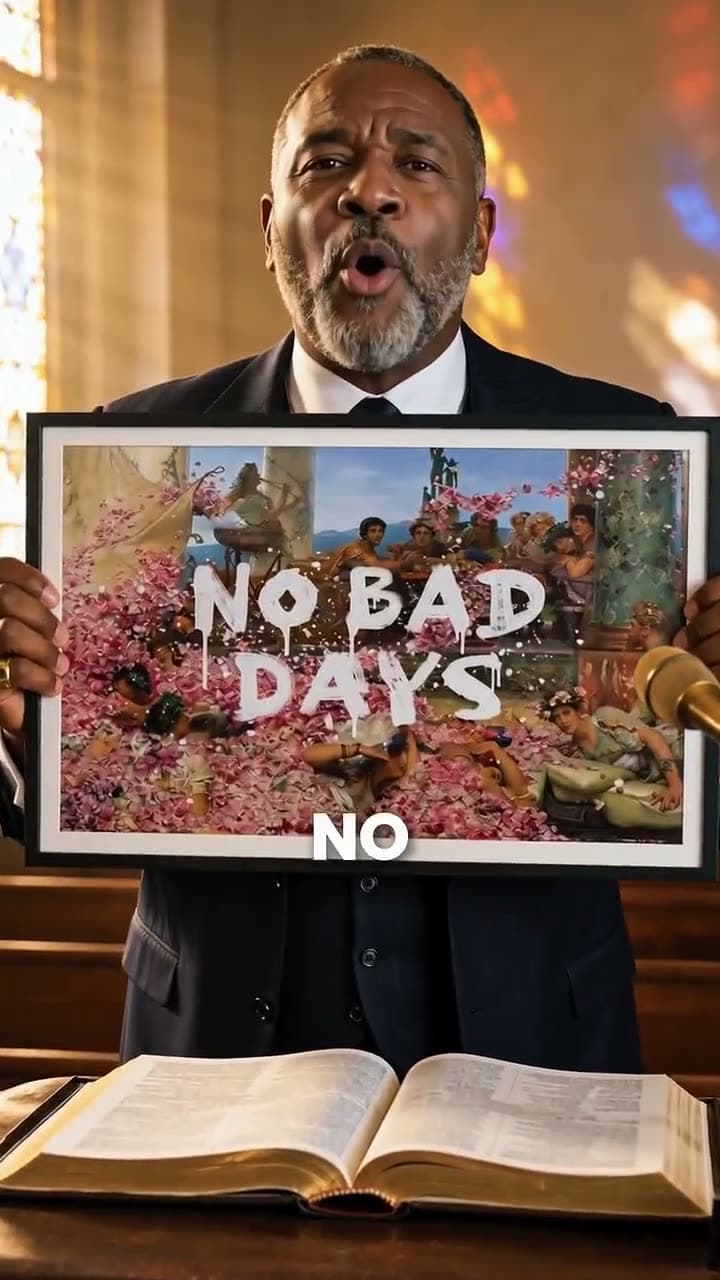 Billede fra pointen i en Andy Okay-karakterannonce: prædikanten holder NO BAD DAYS-plakaten op mod kameraet under teksten NO (kundearbejde)