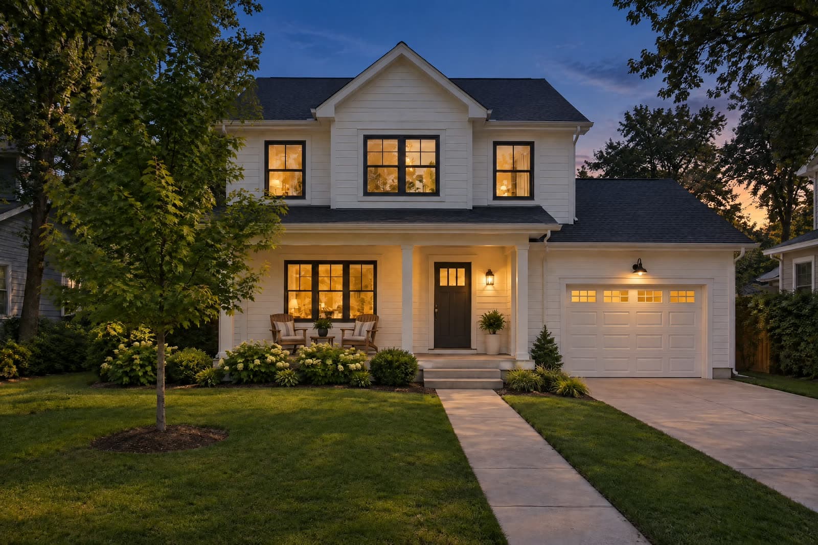 The same house at dusk with a blue sky and warm lights in the windows