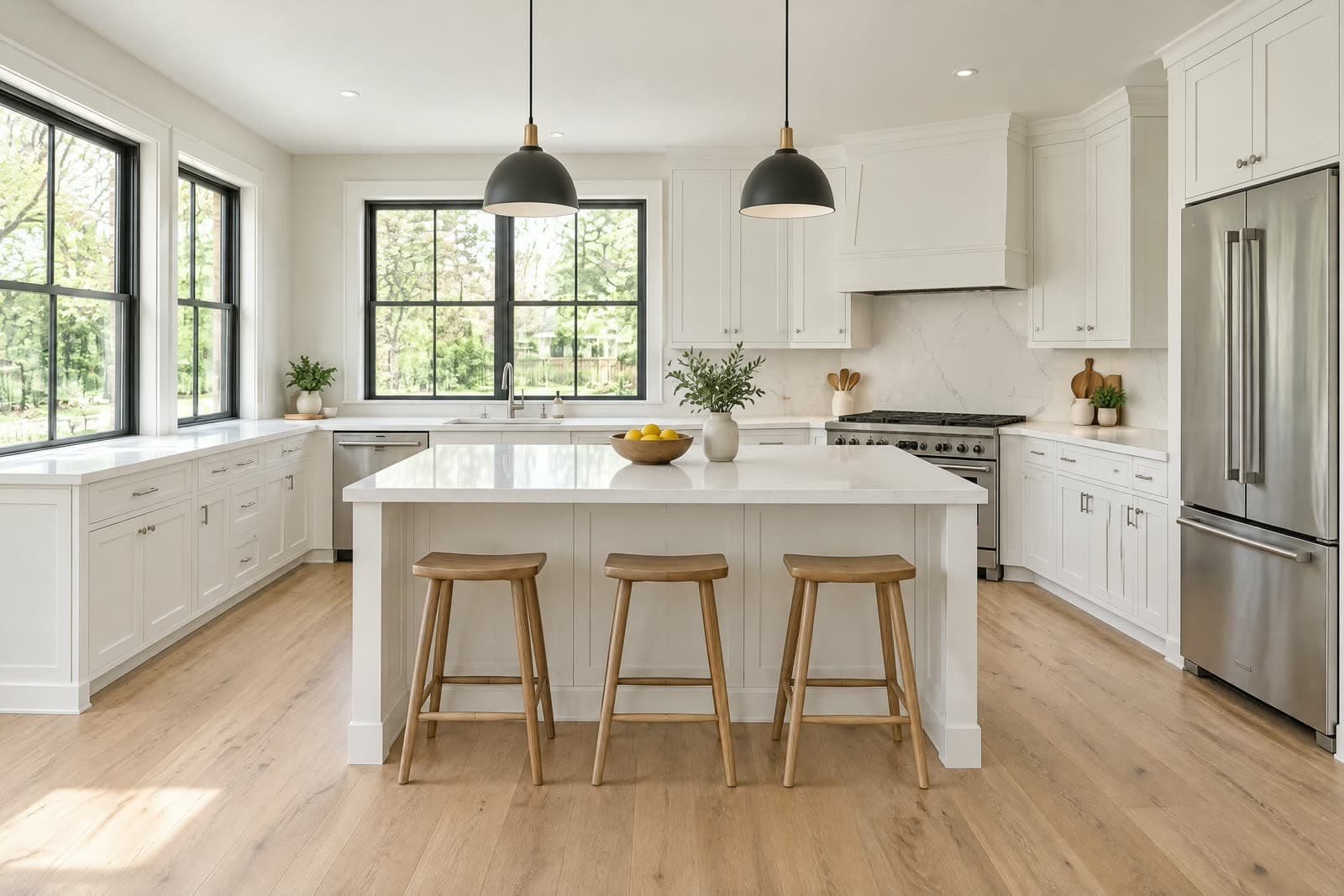 The same kitchen with corrected exposure, white balance and straight verticals
