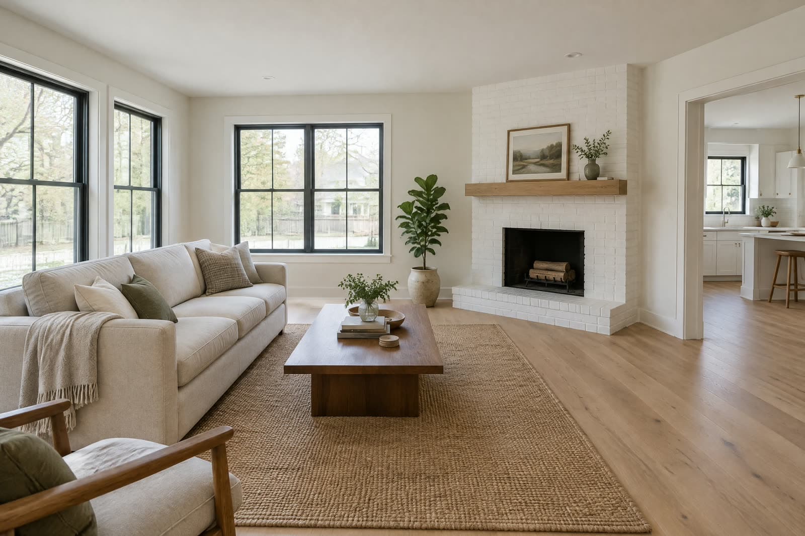 The same demo living room, virtually staged with a sofa, rug, coffee table and plants
