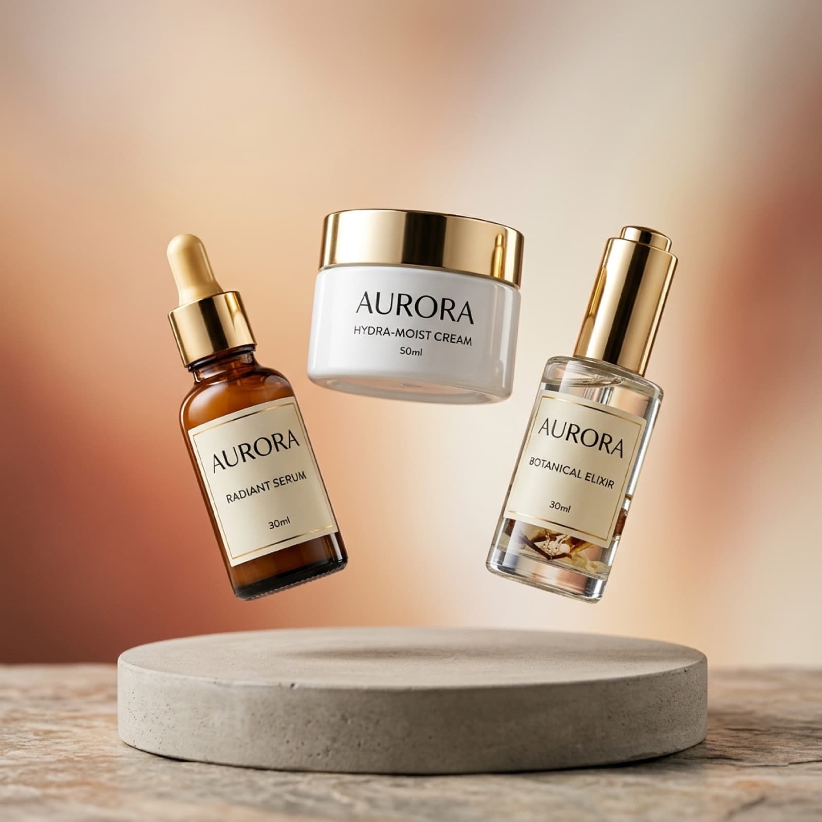 Three premium skincare SKUs on a pedestal with studio rim light