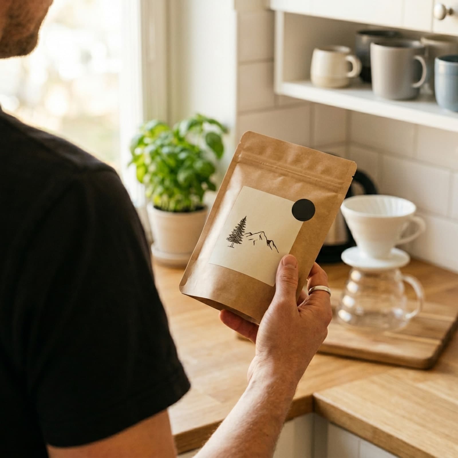 Over-shoulder vertical of a creator holding a coffee pouch in a sunlit kitchen