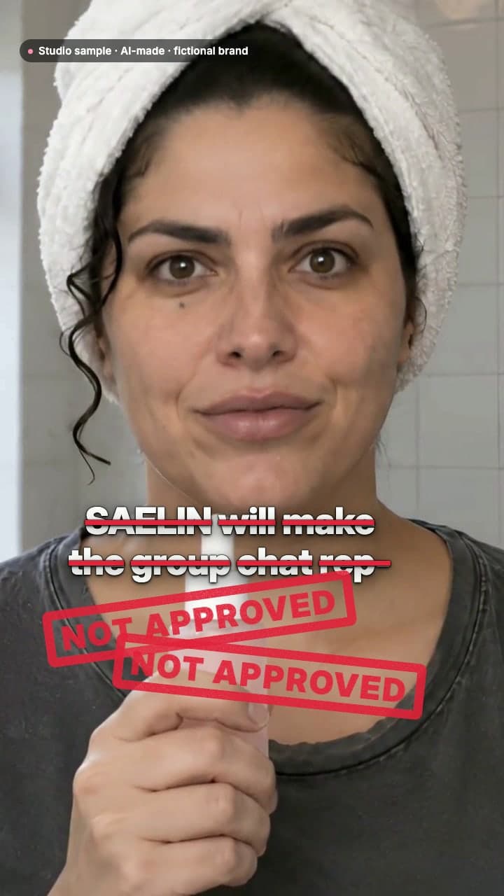 Studio sample for the fictional SAELIN daily serum: in her bathroom a woman in a towel turban belts a show tune into the bottle, and a lawyer sitting in the dry bathtub behind her buzzes off each absurd promise, until she sings only the routine, two drops and pat it in, and he sings "Approved."