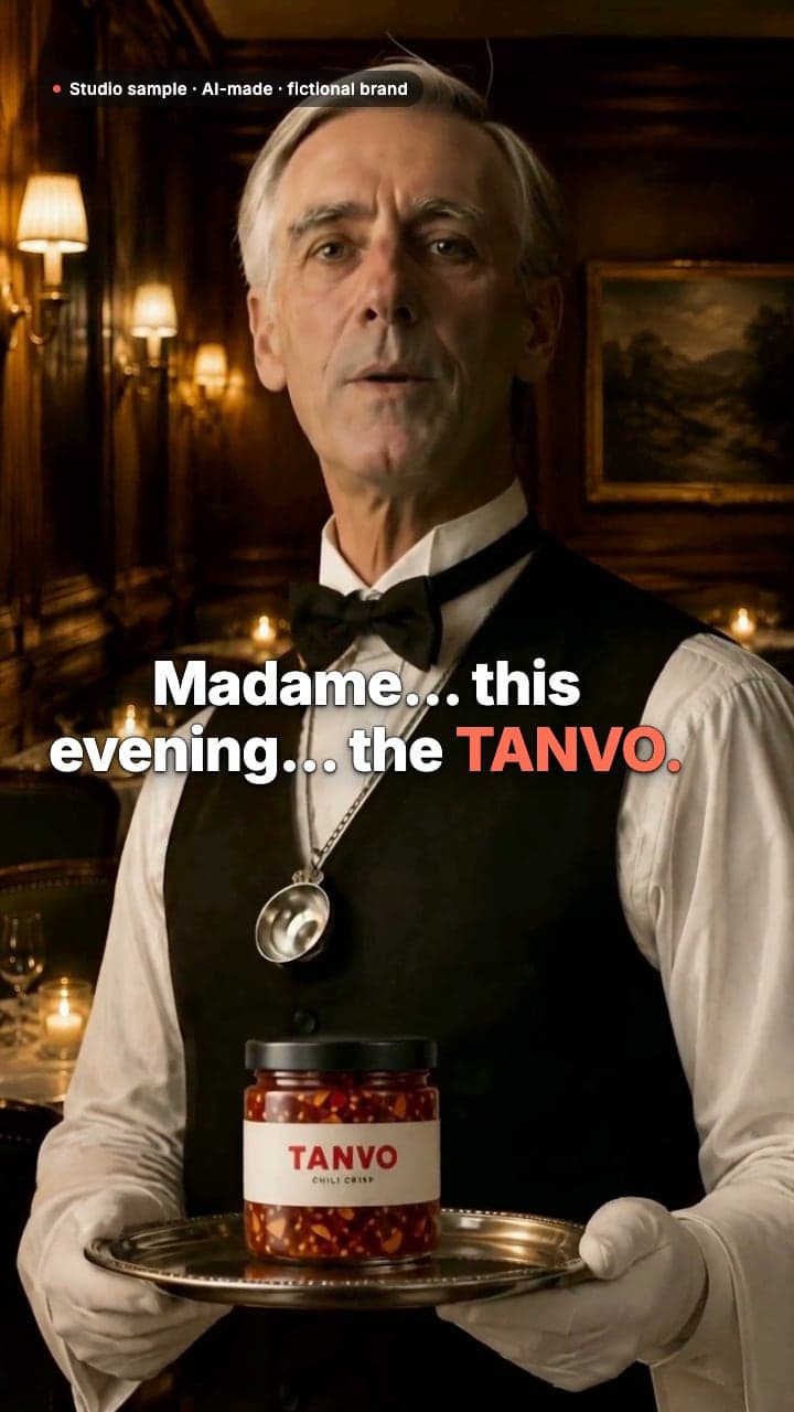 Studio sample for the fictional TANVO chili crisp: a grave sommelier lifts a silver cloche off a single jar and sings its six ingredients as an opera aria, then the diner silently sets down her own jar, and the other diners in the room do the same.