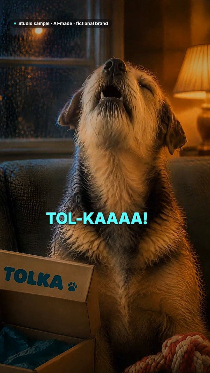 Studio sample for the fictional TOLKA dog toy box: a scruffy terrier on a rainy sofa sings a power ballad to his old plush duck, a TOLKA box lands on the doormat, he dives in for a new rope toy, and the old duck squeaks once, alone in the toy basket.