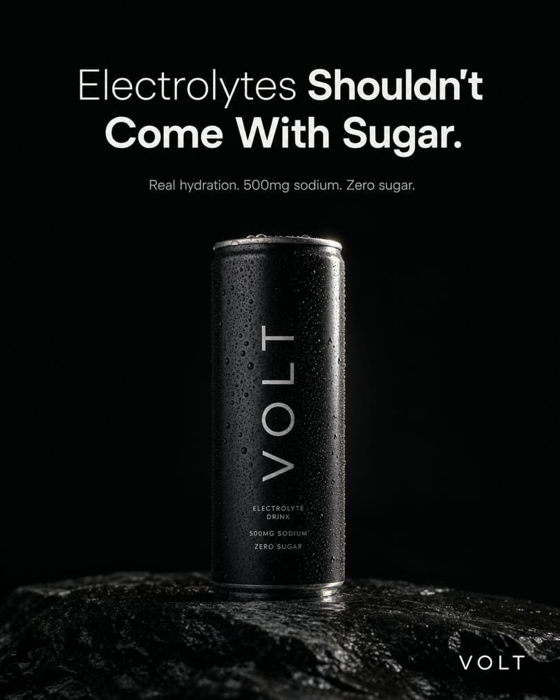 AI Vidia work: AI-generated spec ad for a fictional brand: Dark premium electrolyte can ad with editorial headline