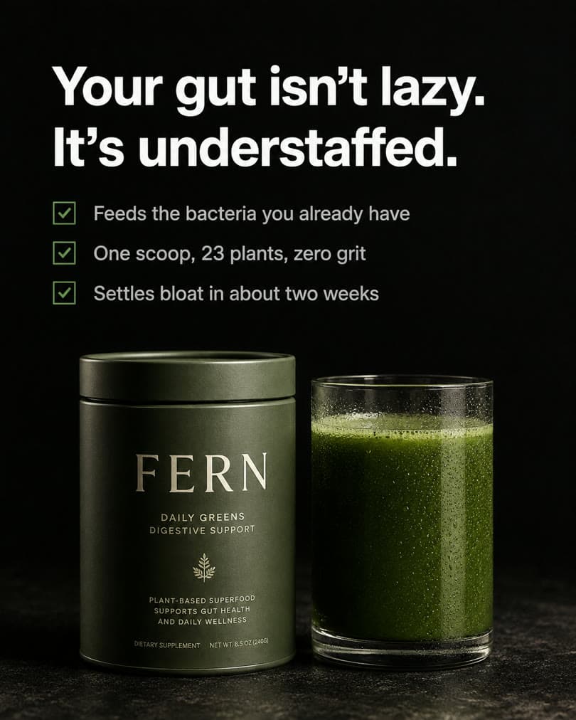 AI-generated spec ad for a fictional brand: dark mechanism explainer for a greens powder