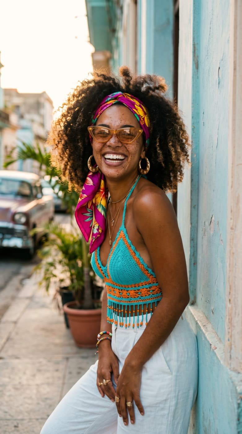 AI UGC creator in a turquoise crochet top, headscarf and sunglasses leaning on a Havana facade at golden hour