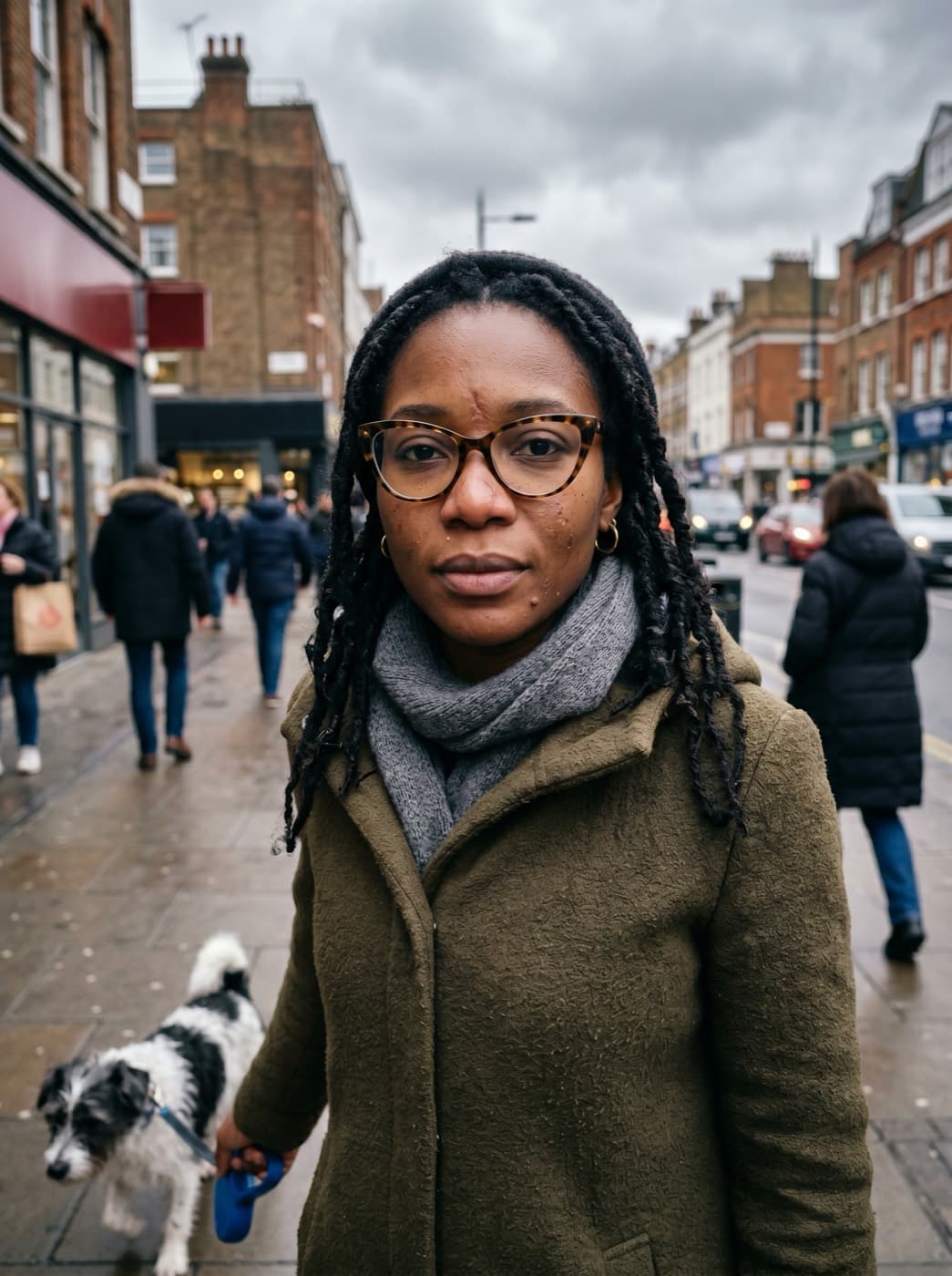 AI UGC creator walking a small dog on a wet London high street, candid documentary look