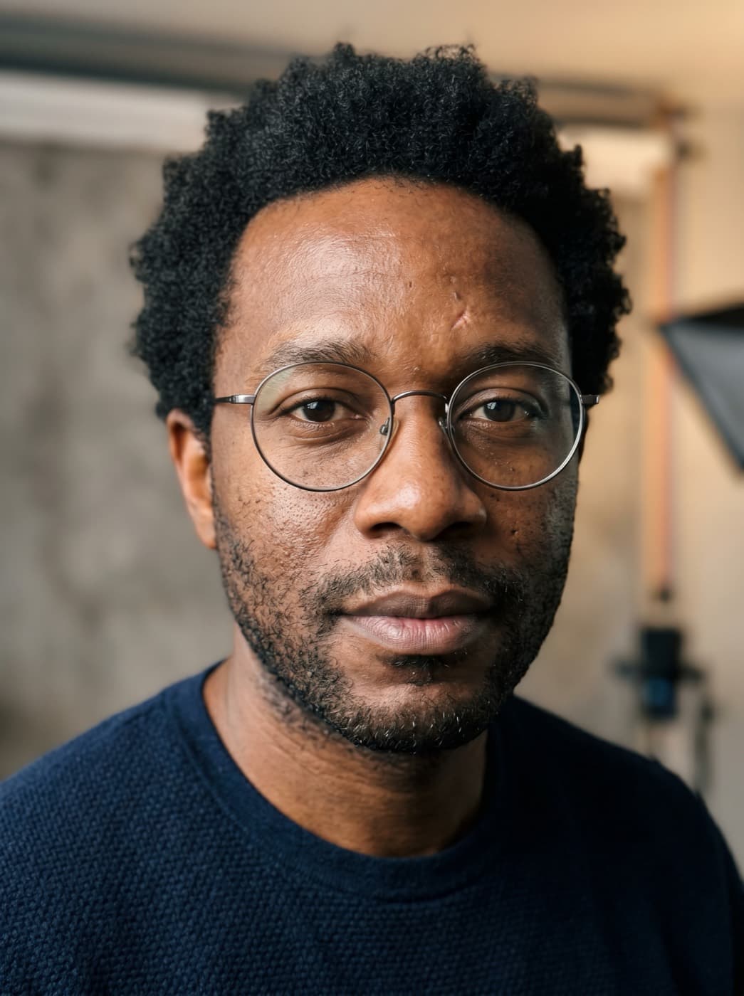 AI UGC creator headshot in a softlit studio, ringlight visible in background, editorial portrait