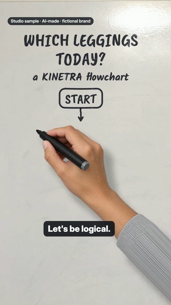Studio sample for the fictional KINETRA leggings: a marker draws a flowchart asking which leggings to wear today, every branch from the gym to a wedding ends at 'The olive ones', and the wardrobe door it is drawn on opens onto a rail of identical deep-olive leggings.