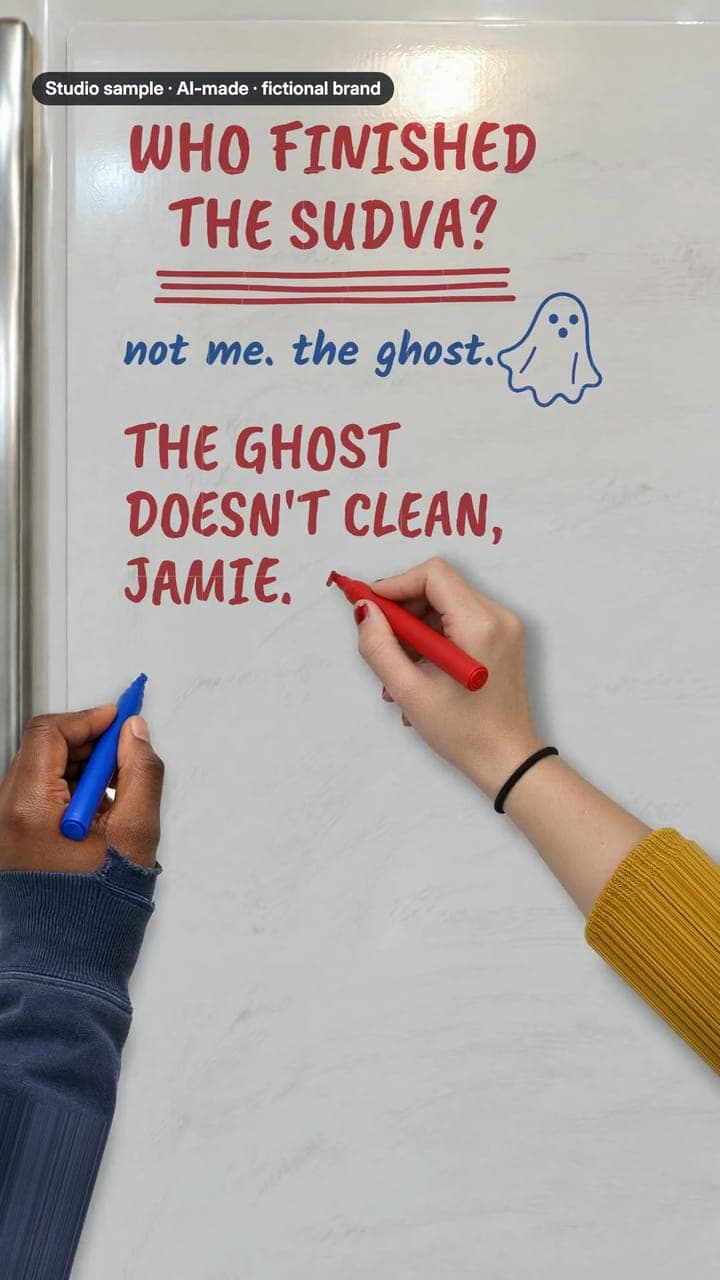 Studio sample for the fictional SUDVA refill cleaning tablets: two flatmates fight on the fridge-door whiteboard over who finished the spray, with a ghost, a bar chart and a pie chart labelled LIES, until a refill drops through the letterbox and the board explains: keep the bottle, post the tablet, drop one in, tap water, shake two minutes.