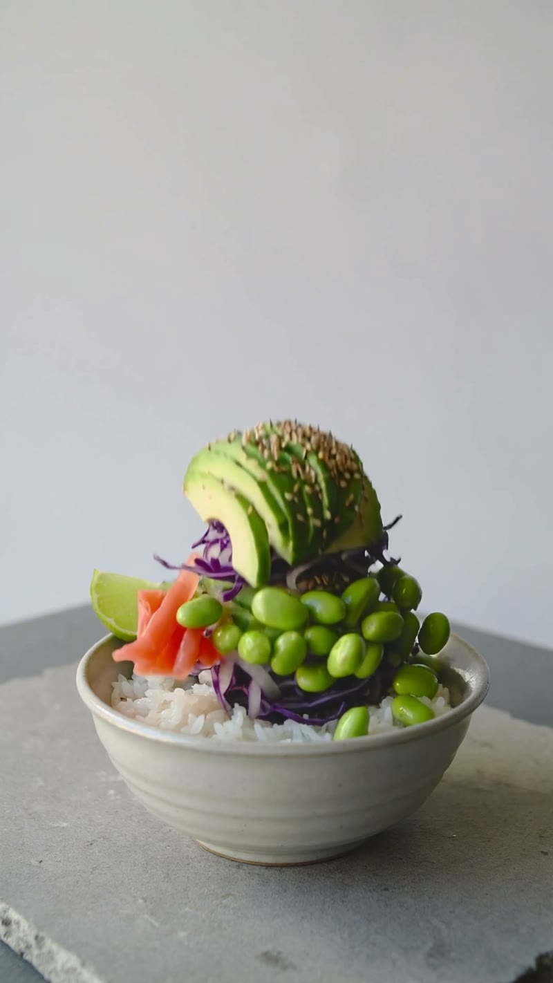 AI-generated poke bowl food product motion