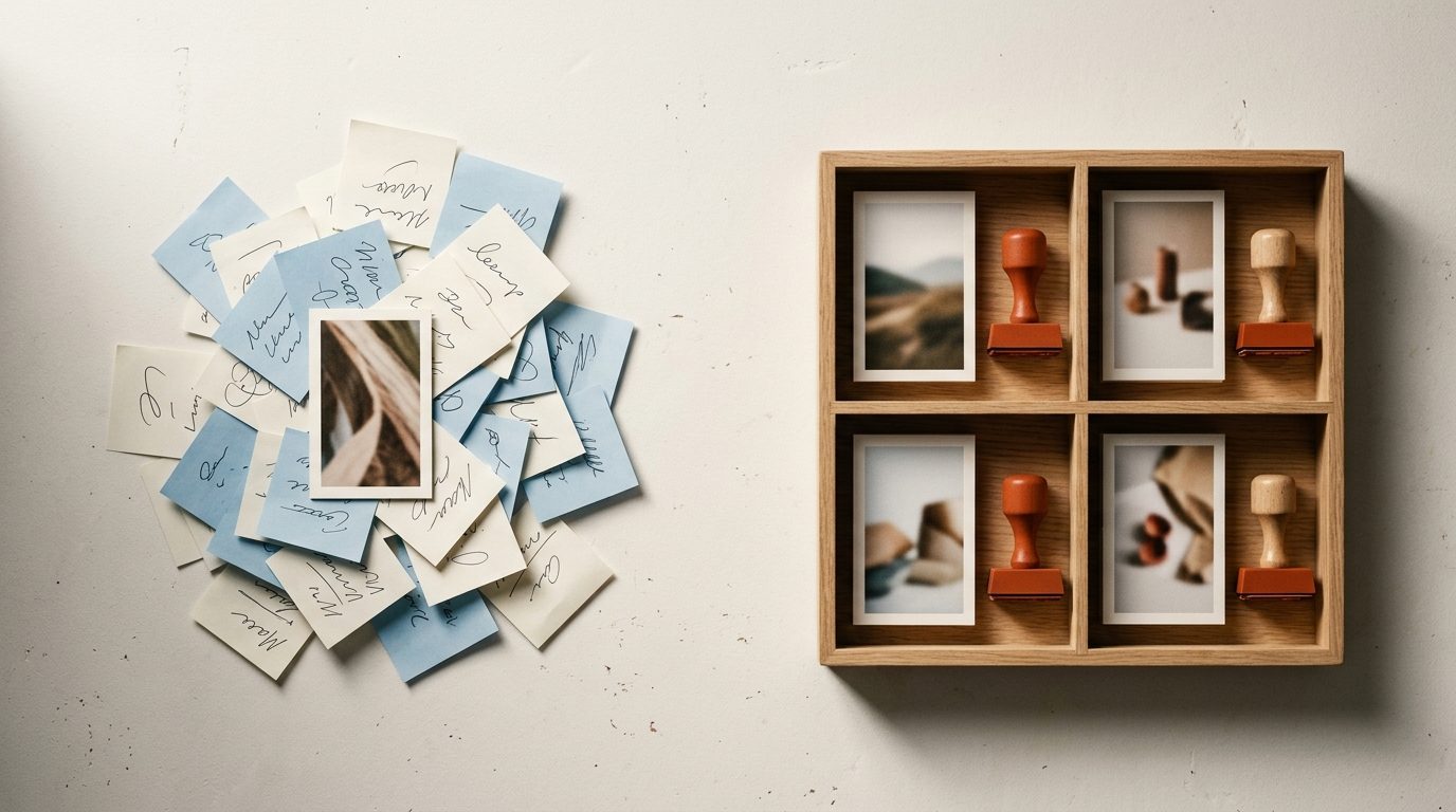 Venstre side af en varm off-white flade rummer et enkelt lodret annoncekort begravet under en bunke små håndskrevne sticky notes; højre side rummer en lav bakke med fire rum, der hver rummer ét annoncekort og ét stempel