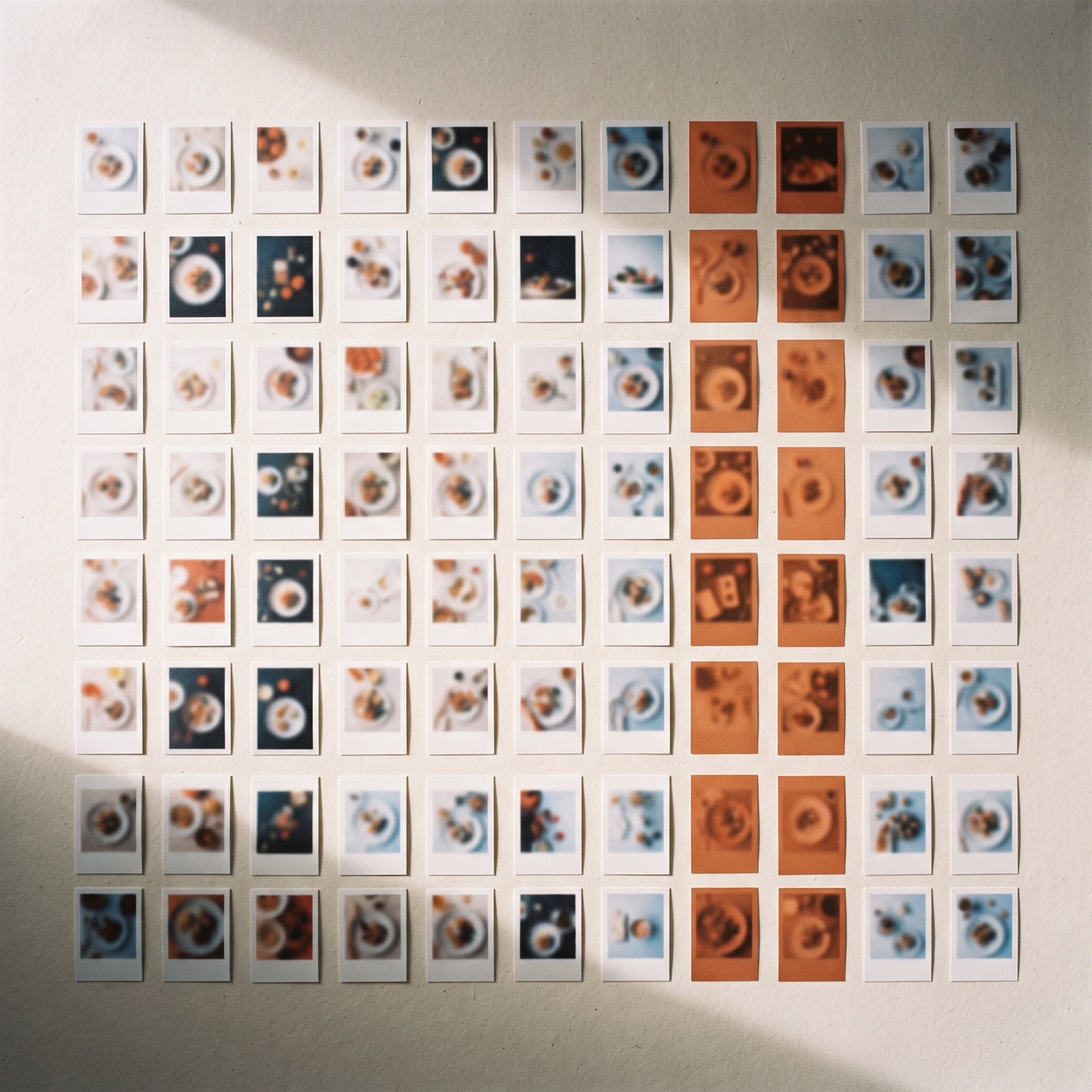 Overhead grid of roughly one hundred and forty small printed ad frame cards arranged in eleven weekly columns on a warm white surface, with a handful tinted burnt orange in the later columns.