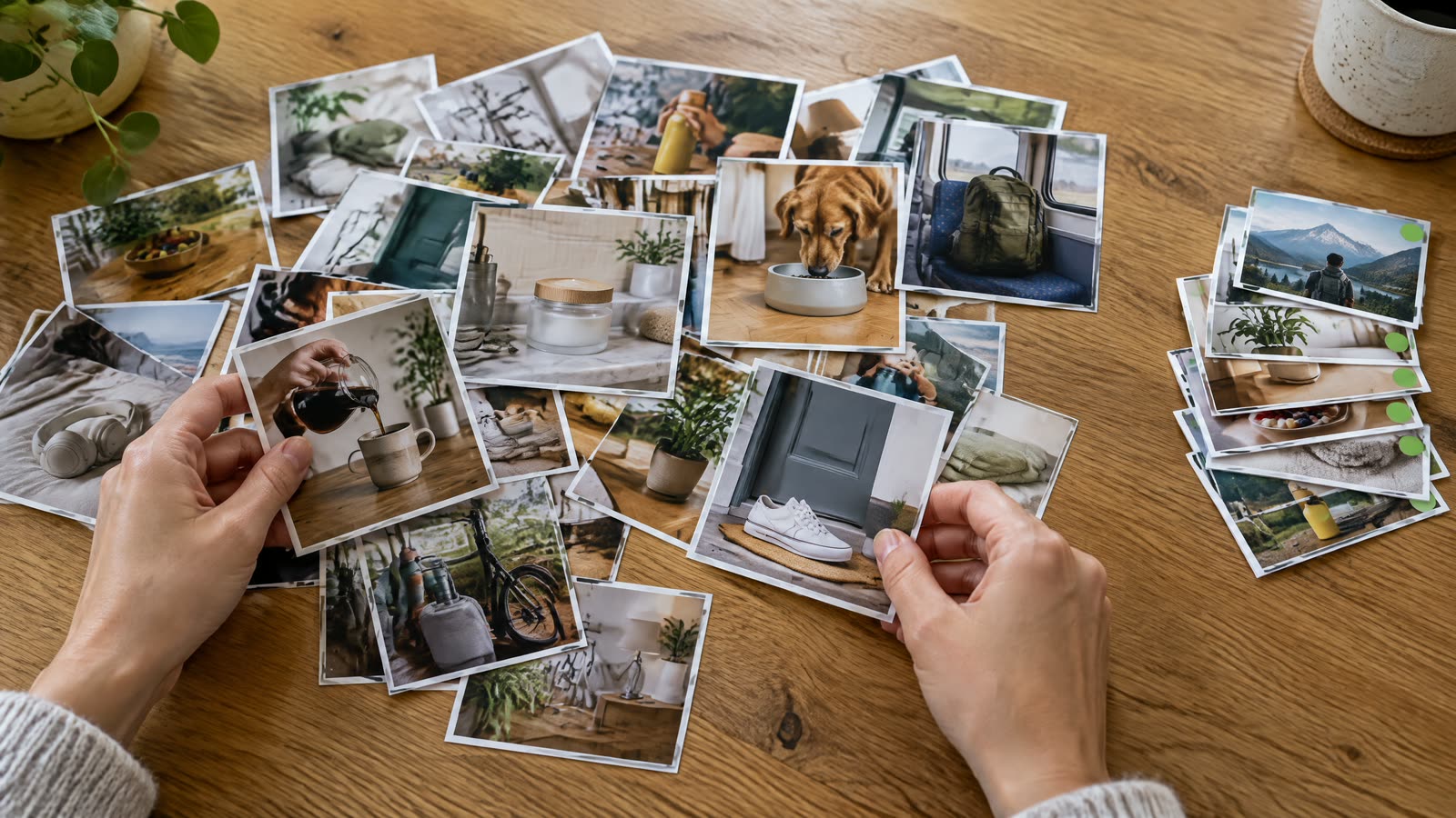 Hands sorting dozens of printed ad cards with varied product scenes on an oak table, a handful of cards marked with small green dot stickers set apart in one pile
