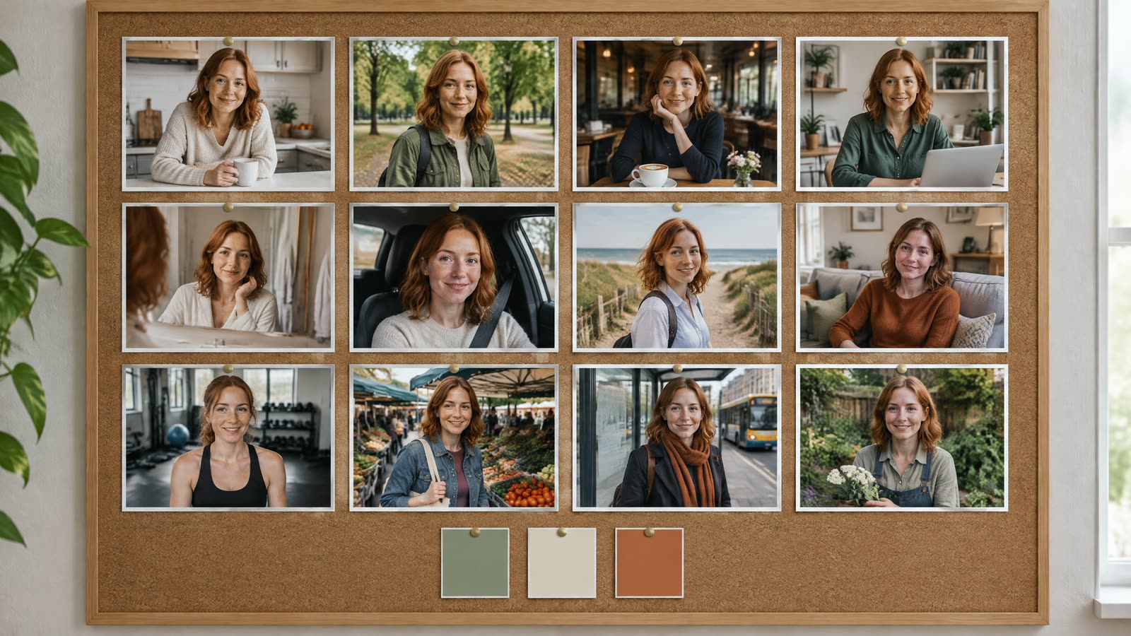 A cork board pinned with twelve photos of the same fictional copper-haired woman in different everyday scenes, with paint colour swatches in sage, cream and terracotta pinned in a row beneath