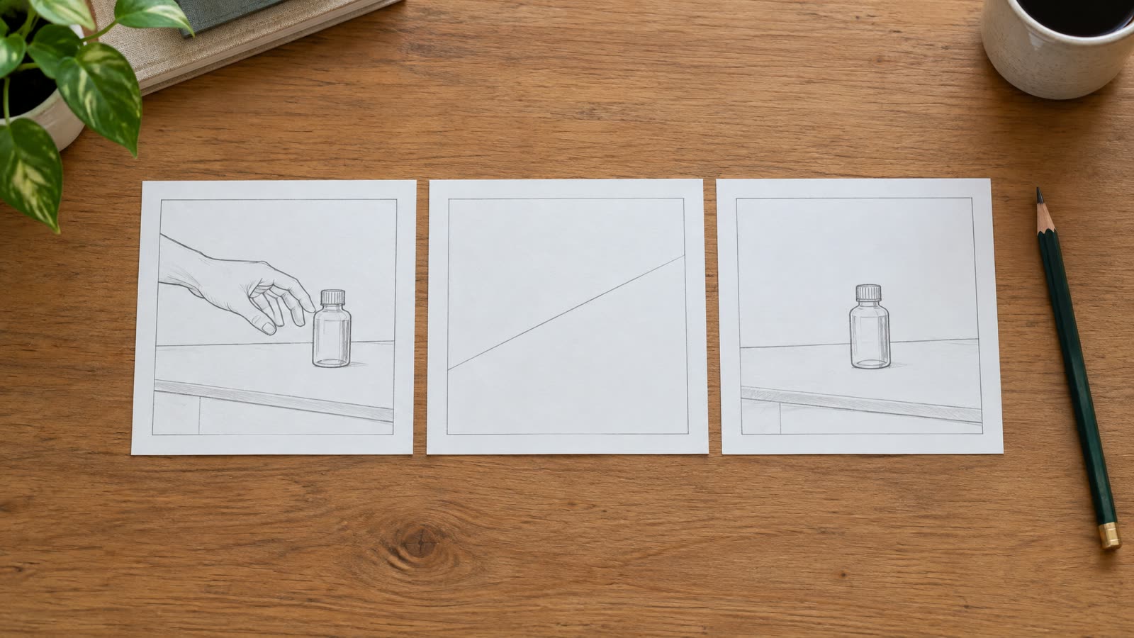 Et storyboard i tre felter på et skrivebord: en hånd, der rækker ind mod en flaske, et tomt klipbillede i midten og flasken stående alene på en bordplade