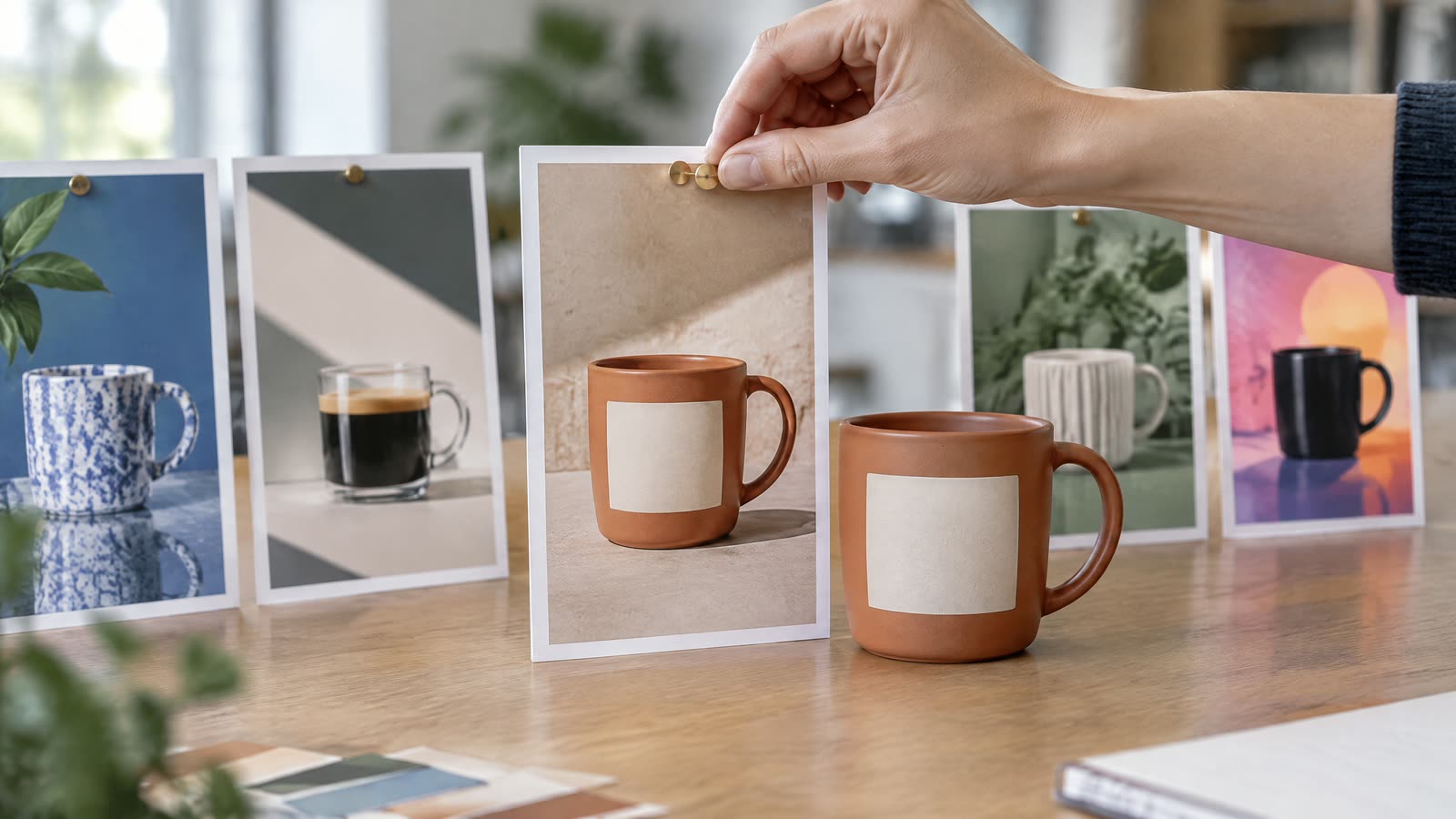 A hand pinning one printed vertical ad frame of a ceramic mug next to the real mug on a review table, with four other printed frames in different visual styles behind it