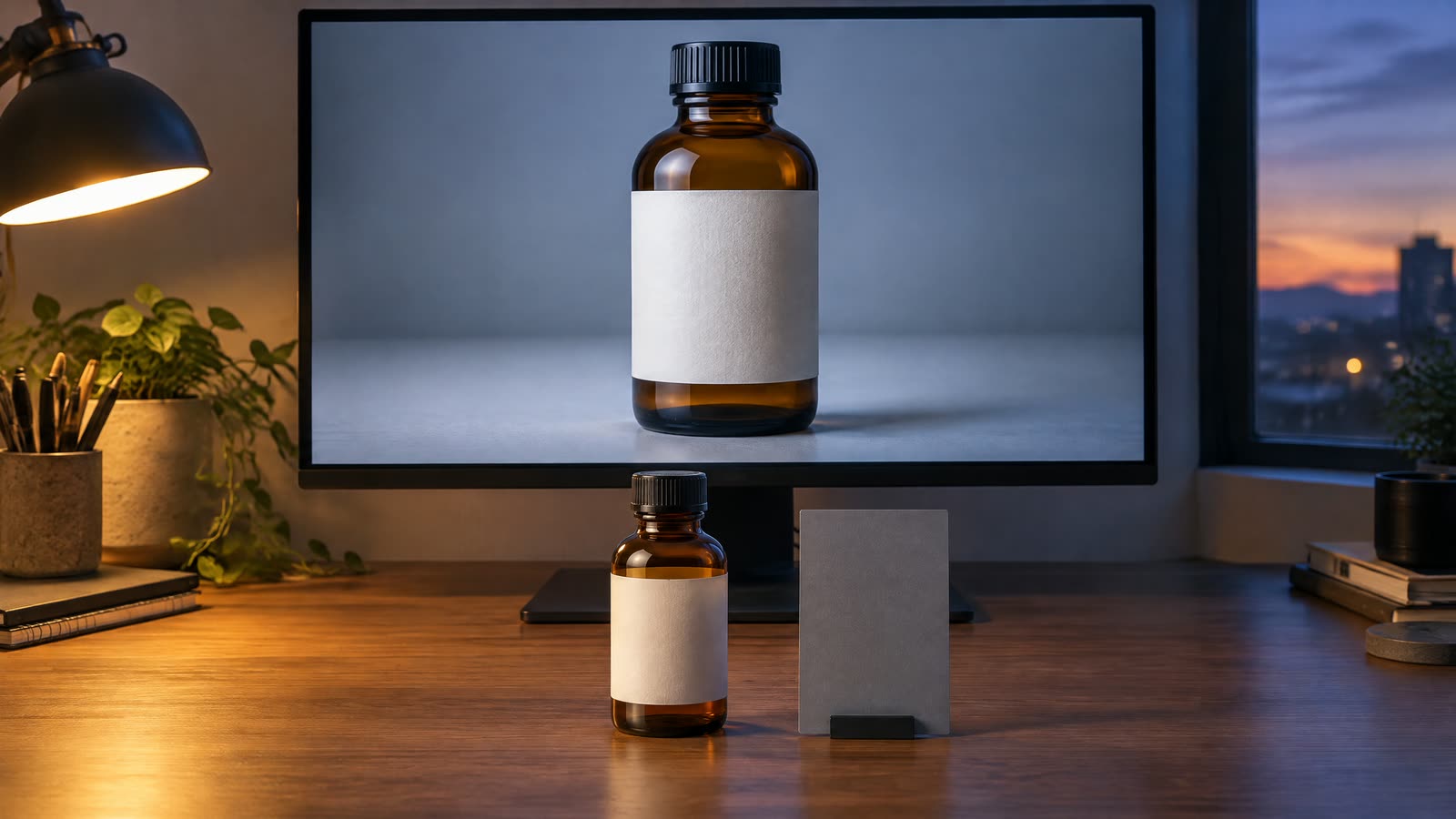 A desk monitor showing a generated close-up of an amber glass bottle, with the real bottle and a colour reference card standing in front of the screen