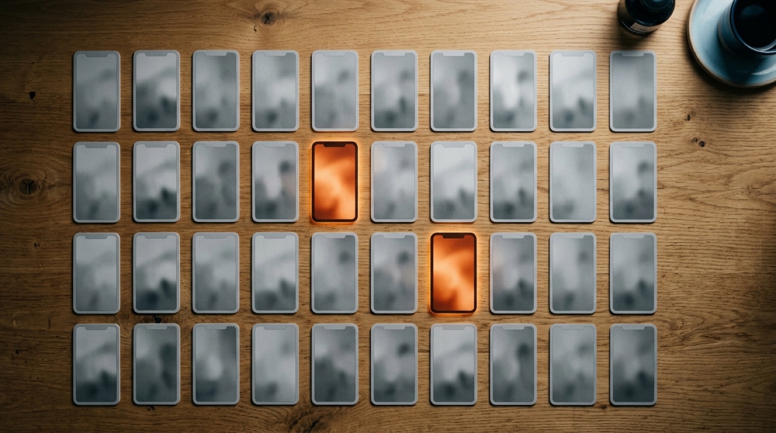 Overhead view of a warm white desk holding a grid of forty small vertical ad frame cards, with exactly two cards tinted burnt orange among the grey ones.