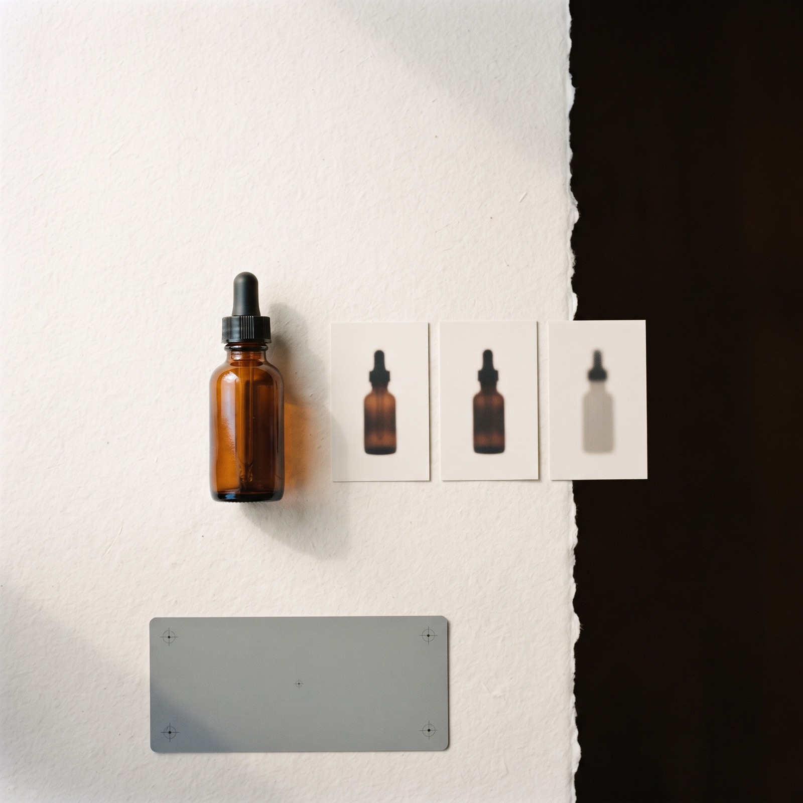 Overhead studio scene of an amber glass product bottle beside photo reference cards and a grey calibration card, arranged as a brand-lock reference station.