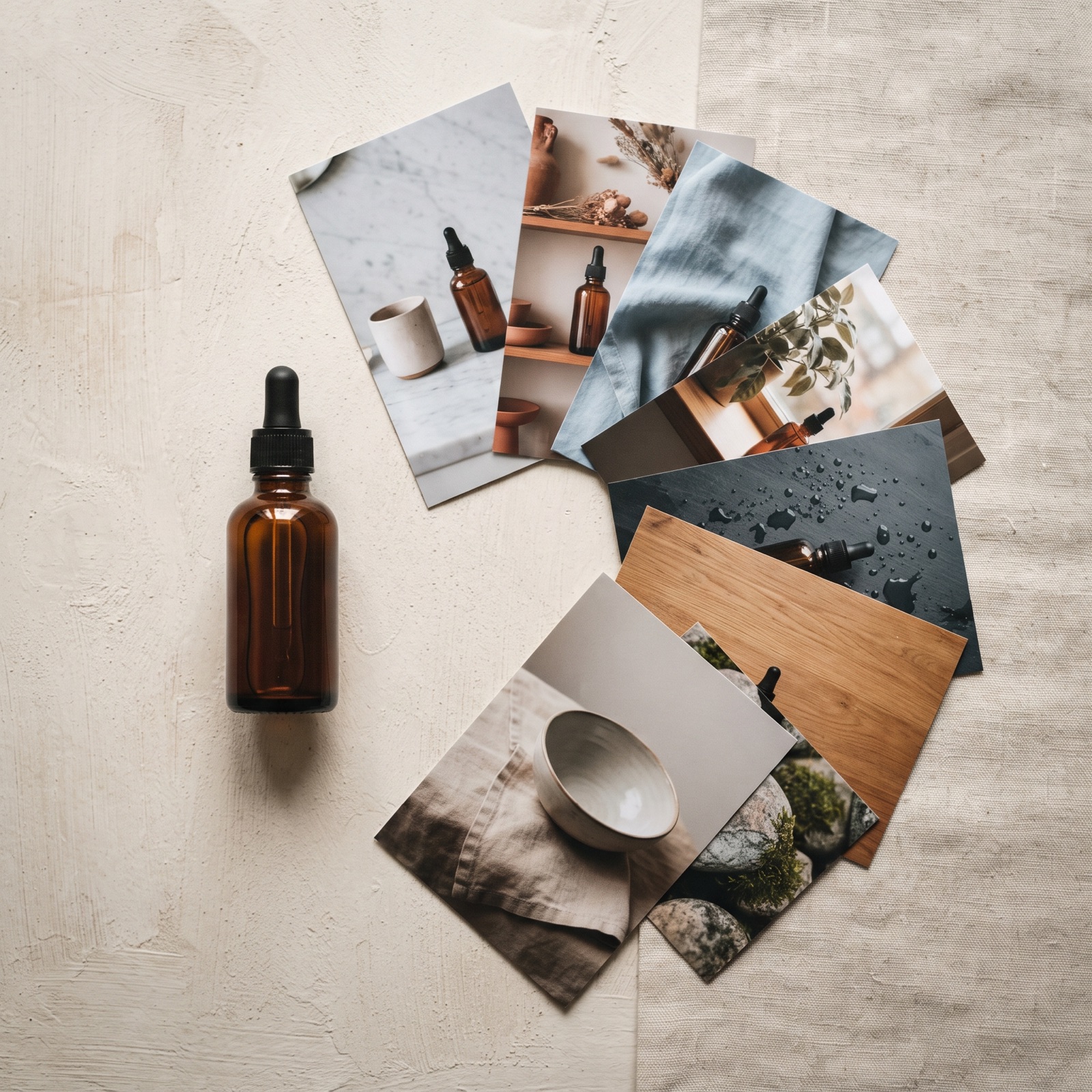 A single amber dropper bottle beside a fan of photo cards, each showing the same bottle staged in a different scene: marble, shelving, blue linen, windowsill, wet slate, wood and stone.