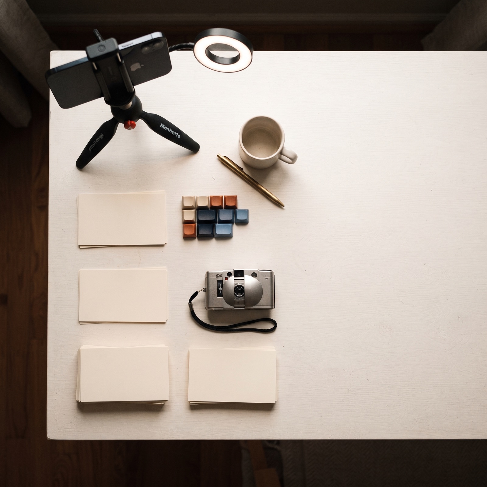 Overhead scene of a desk with a smartphone on a small tripod, a ring light, and briefing cards arranged in three distinct groups on a warm white surface.