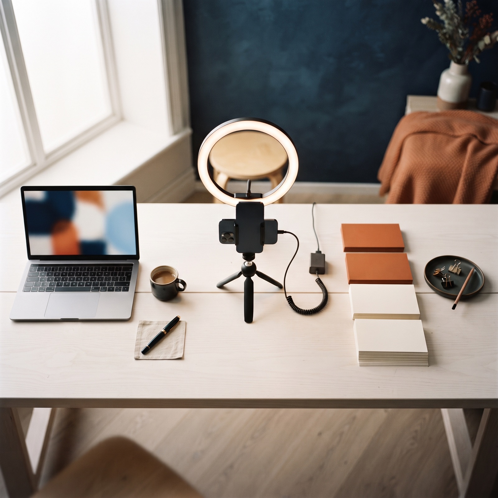 One wide desk with three stations: a laptop with a blurred editing screen, a phone on a mini tripod with a ring light facing an empty stool, and neat stacks of plain cards with two tinted orange.