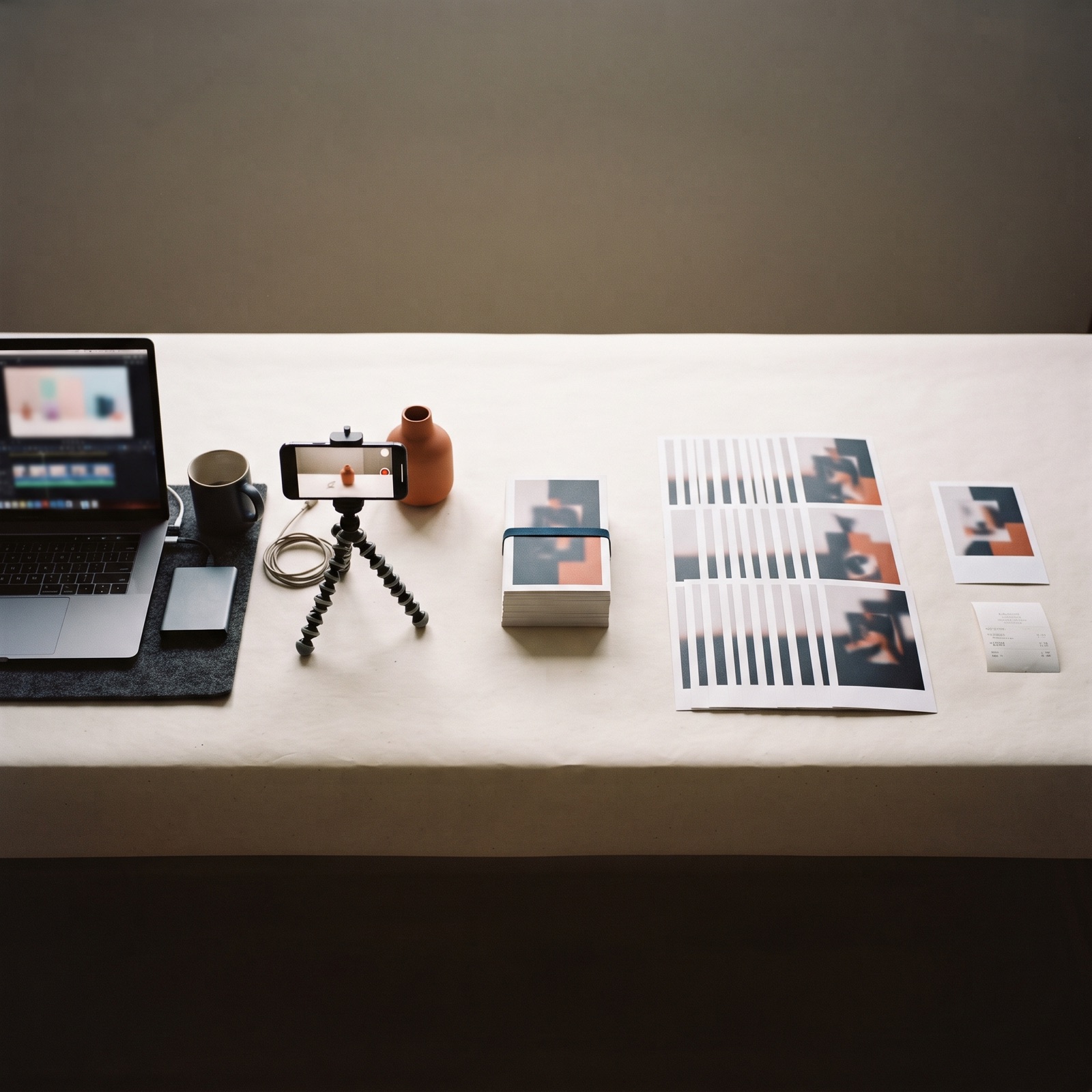 Five different production setups arranged left to right on one long desk, each producing the same vertical ad frame, from a single lone printed frame to a wide dense spread of many.