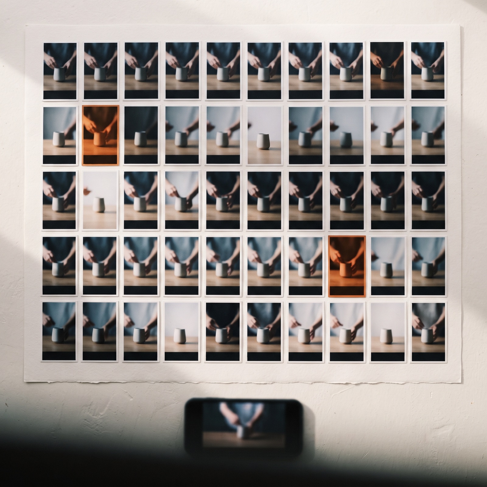 A dense flat grid of forty small vertical video ad frames showing the same product in different styles, with exactly two frames tinted orange to mark the winners.