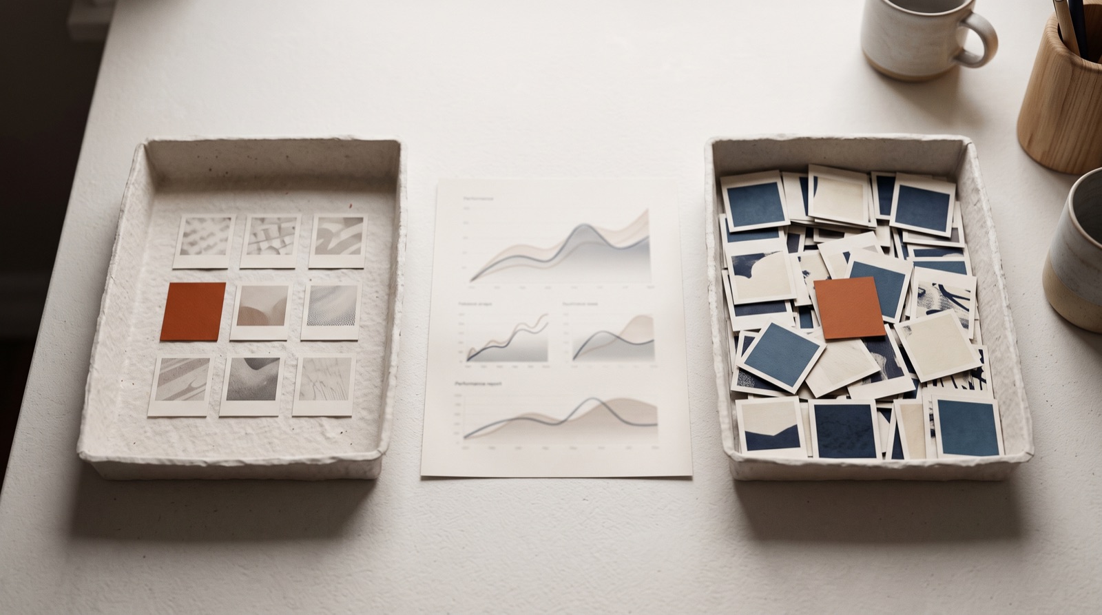 Overhead editorial scene of two shallow paper trays on a warm white desk, the left holding eight printed ad frame cards and the right packed with about forty, a printed sheet of softly blurred performance curves lying between them.