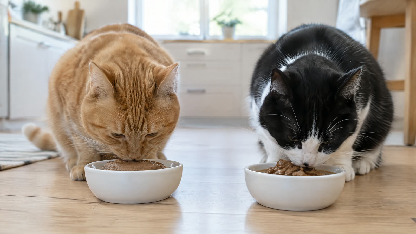To katte spiser side om side på et lyst trægulv i et køkken fra to små hvide skåle, den ene med glat paté og den anden med stykker i sovs