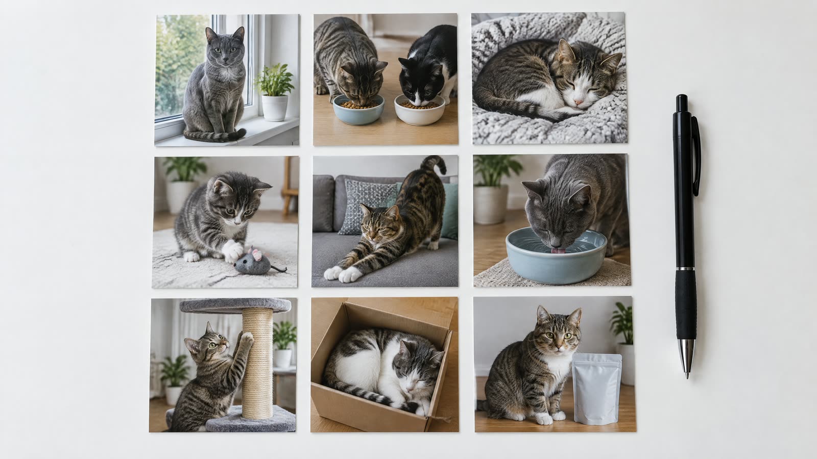 Ni små kvadratiske fotoprint lagt i et gitter på et hvidt bord ved siden af en kuglepen, hvert med en forskellig situation med katte: en kat i en vindueskarm, to katte ved skåle, en ældre kat på et tæppe, en killing med et stykke legetøj og en kat ved en foderpose uden etiket