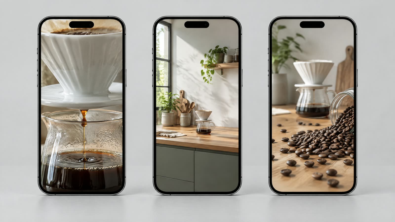Three phones side by side showing the same white ceramic coffee dripper in three different opening shots: coffee dripping into a glass carafe up close, a wide kitchen counter in morning light, and coffee beans spilling from a jar