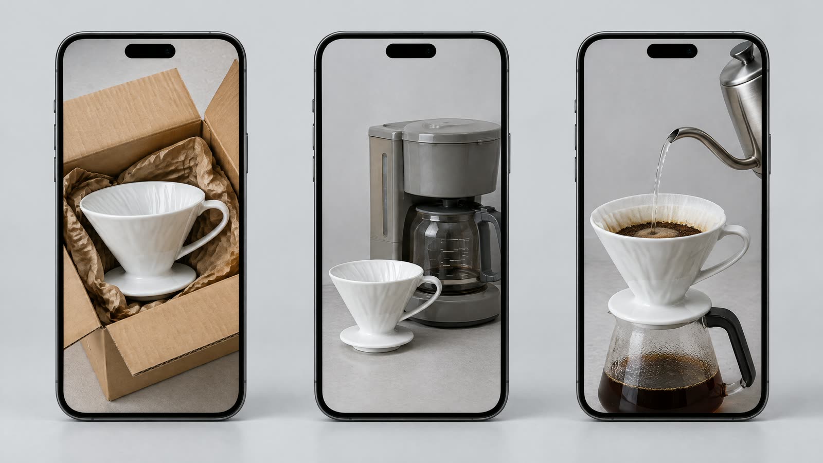 Three phones side by side showing the same white ceramic coffee dripper in three different concepts: packed in an opened cardboard box, standing next to an old grey electric drip machine, and with water poured into it from a steel gooseneck kettle