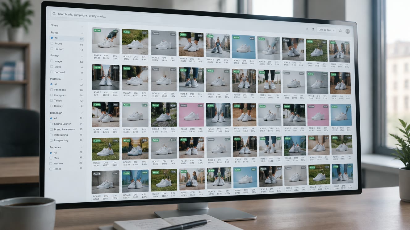 A monitor shows an ad library grid of about 50 white sneaker ads, each labelled with ROAS, CPA and CTR.