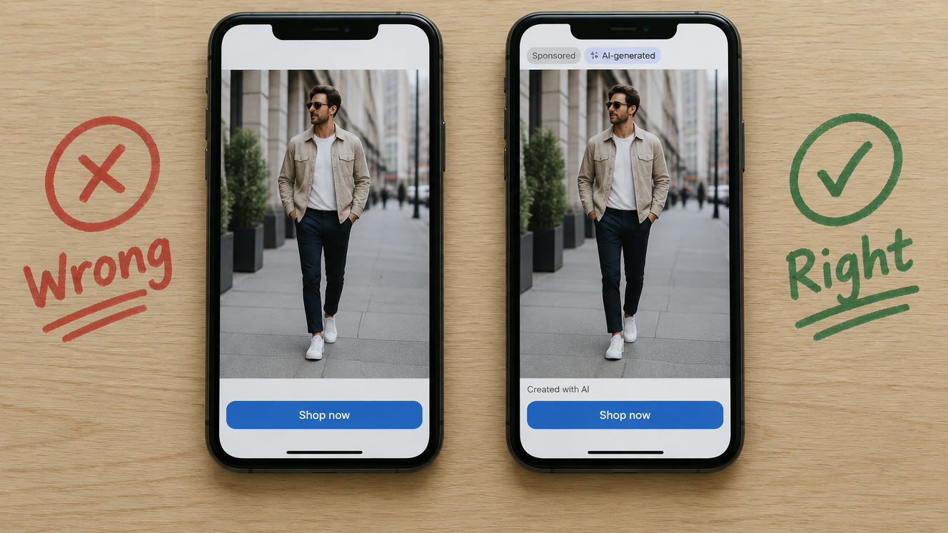 Two phones show the same ad: left, marked Wrong, has no labels; right, marked Right, shows Sponsored and AI-generated tags.