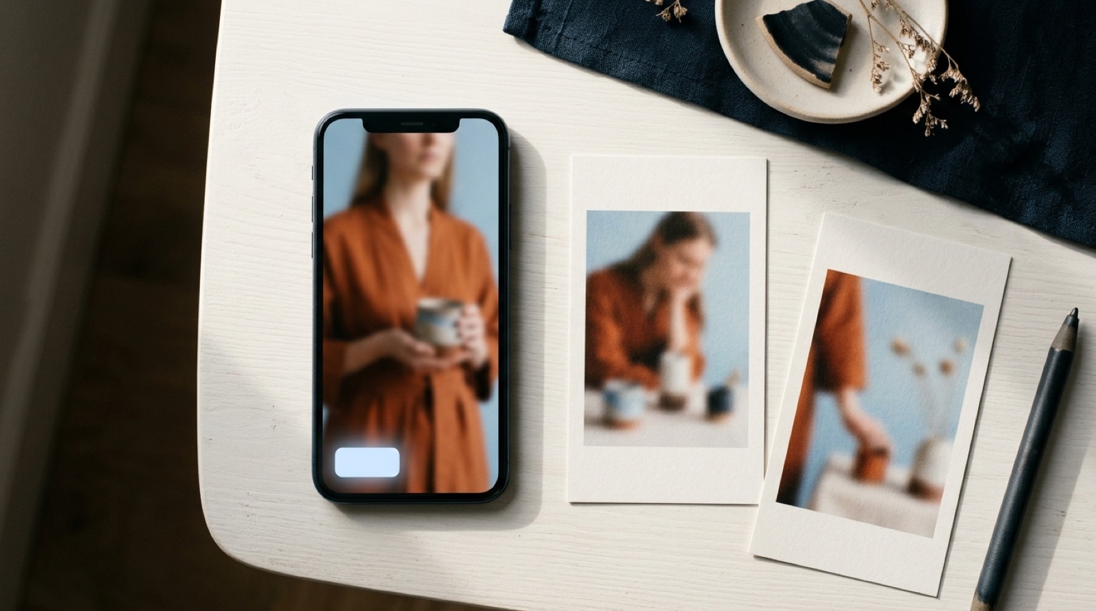 A smartphone lying flat on a desk showing a blurred vertical video ad frame of a person holding a product, with a small glowing chip in the lower corner where a platform disclosure marker sits, and two printed ad frame cards beside it.