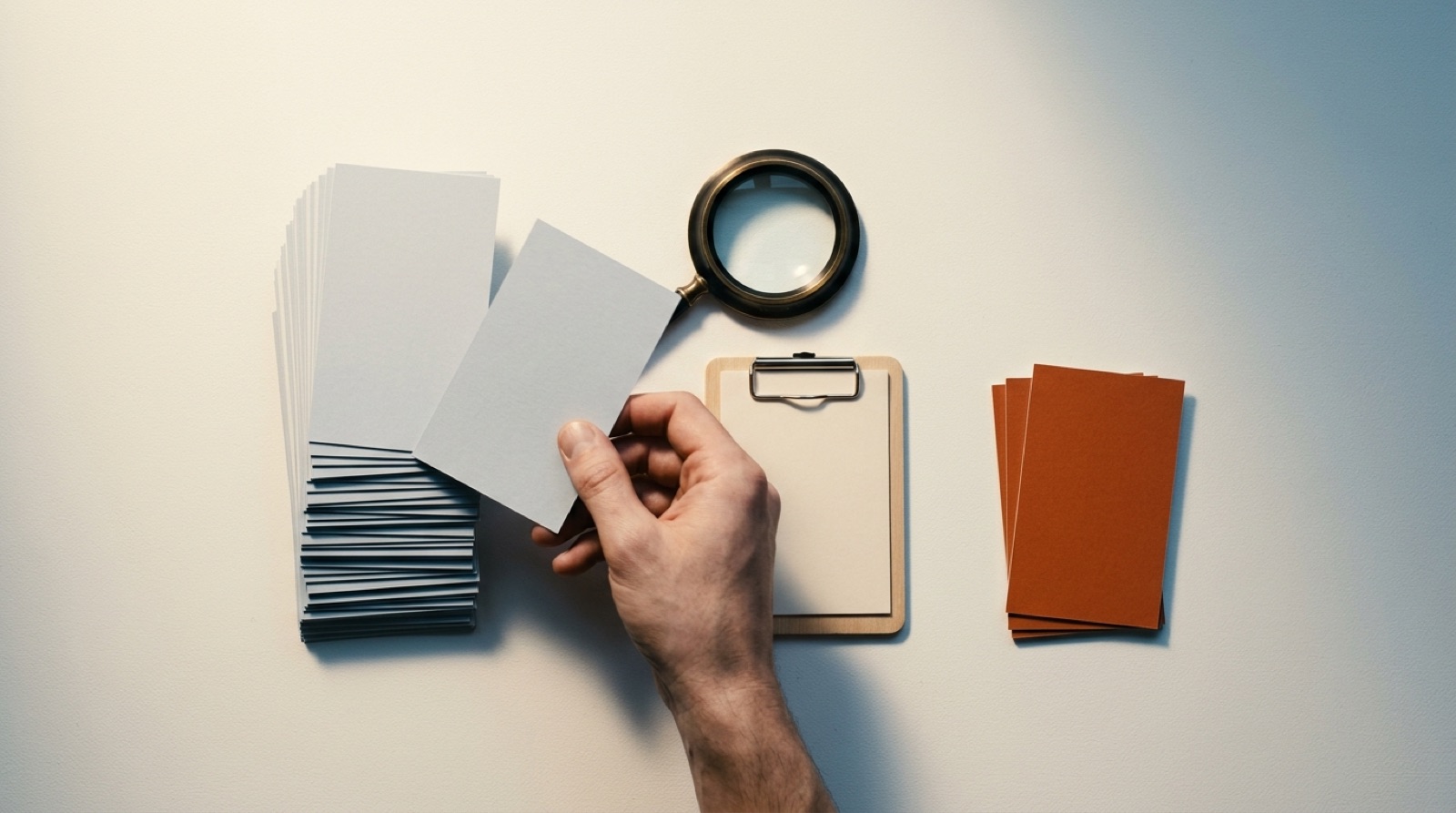 A hand sorting printed vertical ad frame cards on a desk into a tall stack of pale approved cards and a short stack of three orange held cards, with a magnifier and a blank clipboard between them.