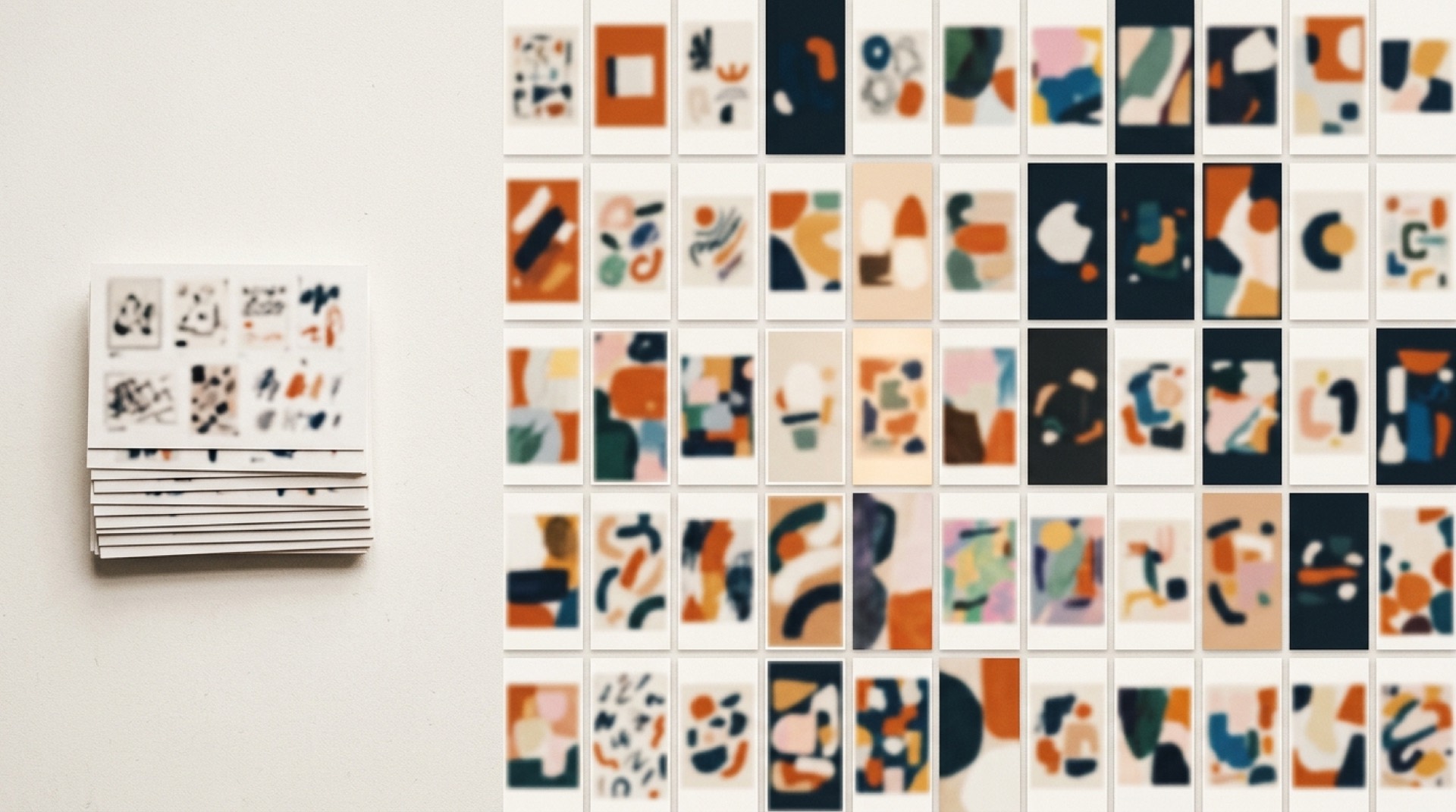 Grid of vertical AI ad frames for an art brand, a small stack of concept cards beside a much larger wall of finished ad variants
