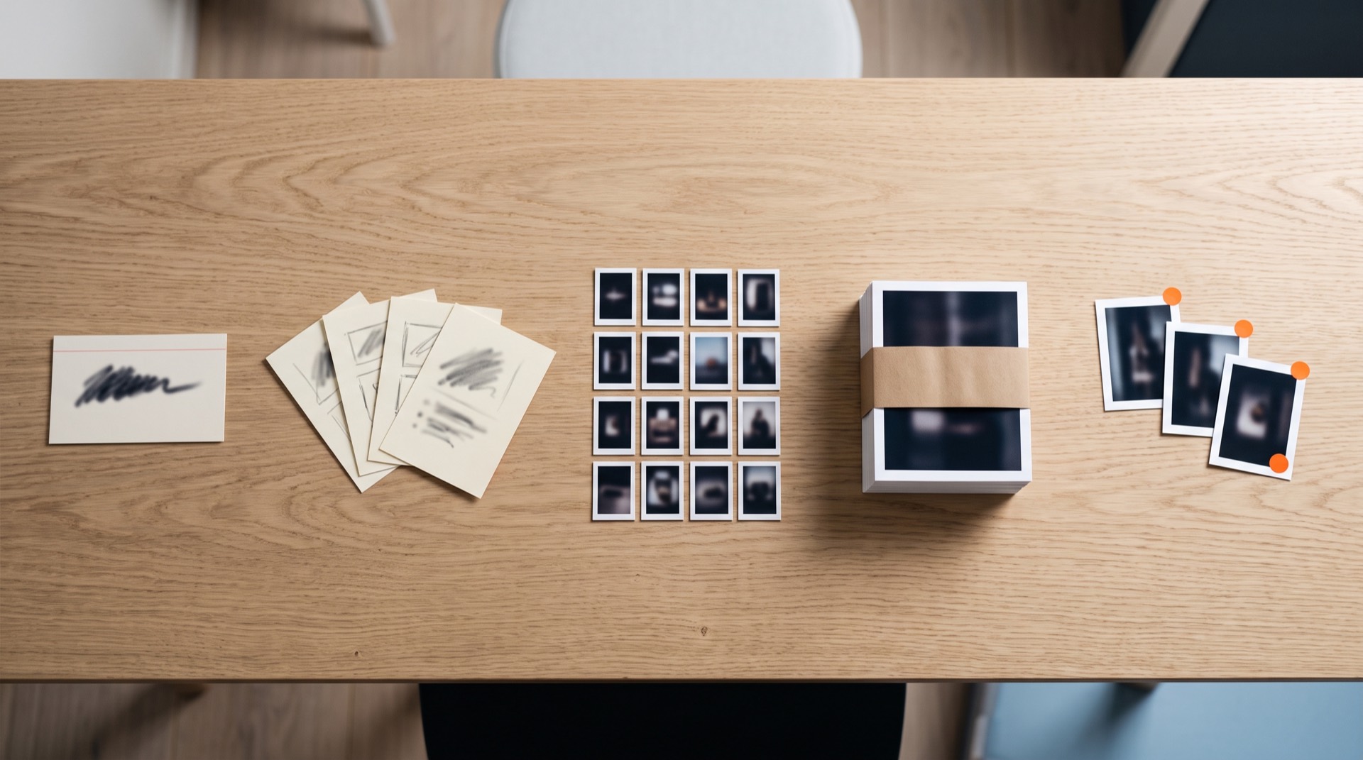 Five stations of a weekly production loop laid out on a desk, from brief card to concept sketches to variant grid to a delivery stack to a small set of marked winners